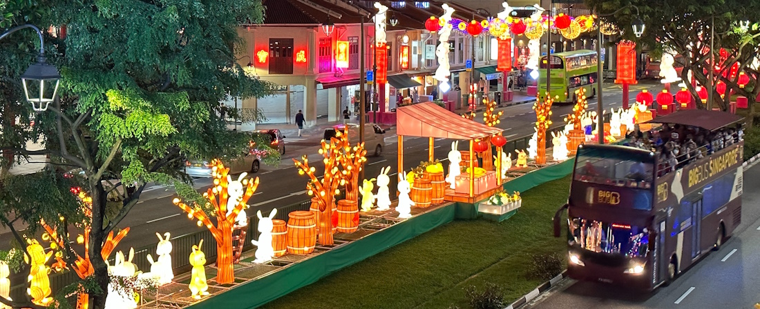 Singapore avenue brightly illuminated and coloured with rabbit statues