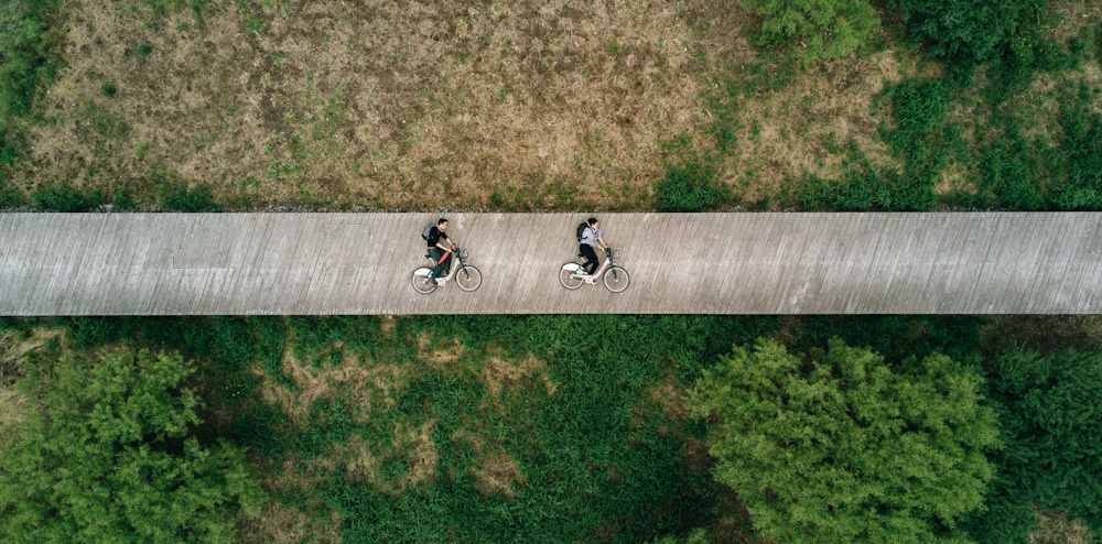 Bixi Cyclists on the Boardwalk in Montreal by Martin Reisch