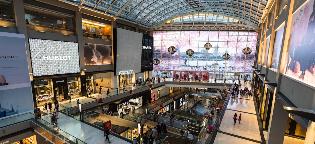 View of a busy, well-lit shopping mall