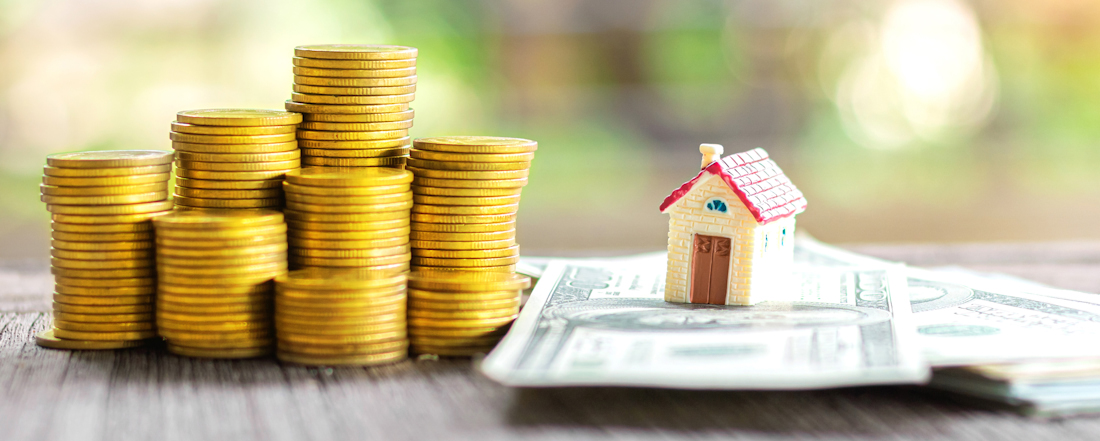 coins and dollars with model house