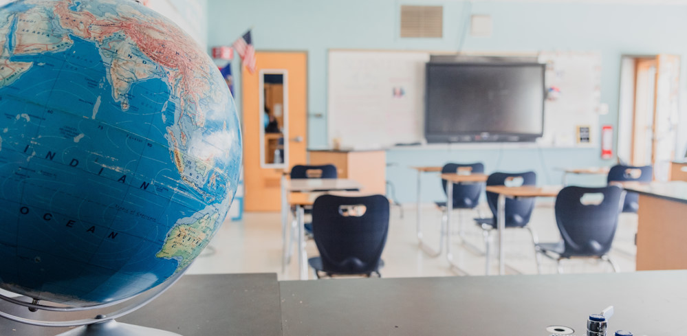 classroom with a globe